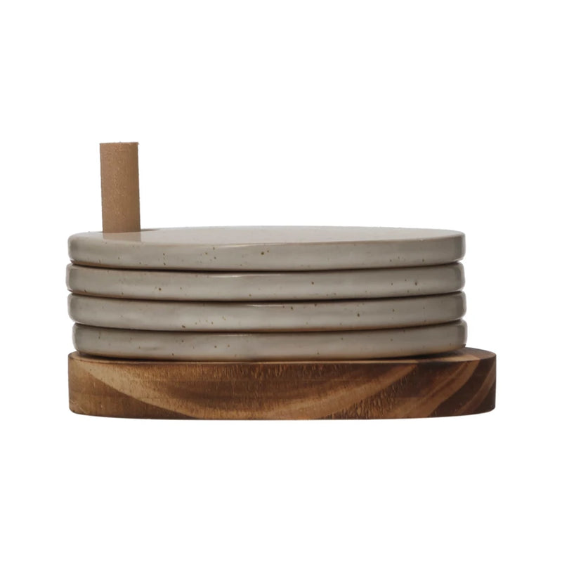Stoneware Coasters w/ Wood Holder - Set of 5