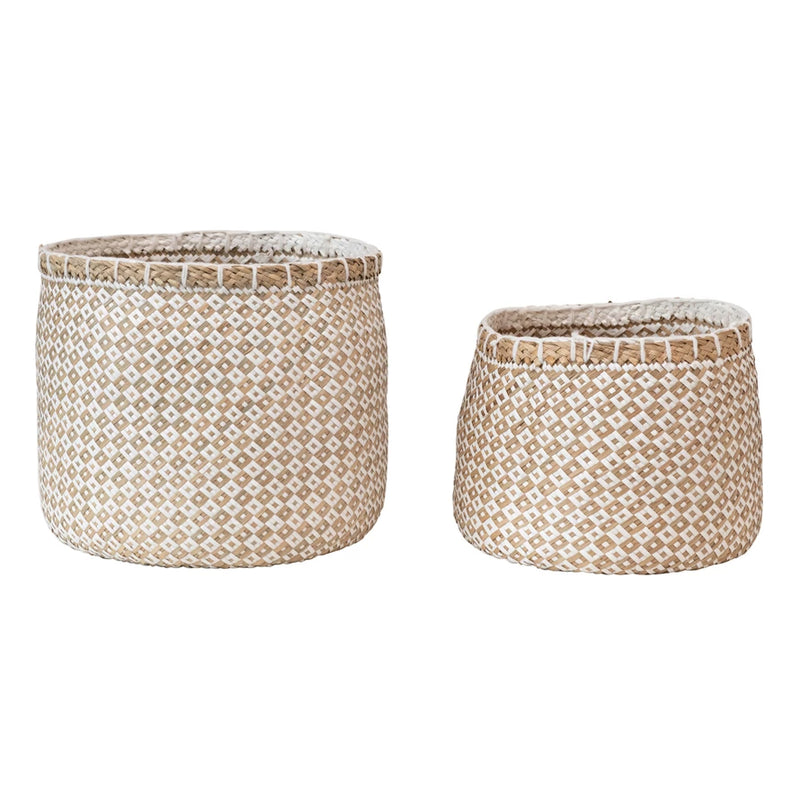 Tan Hand-Woven Baskets with Diamond Pattern